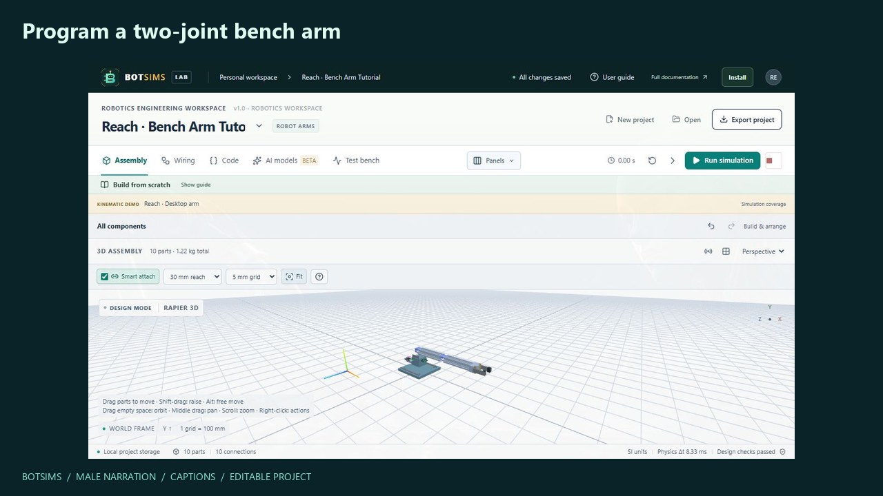 Program a two-joint bench arm, recorded in the BotSims workbench