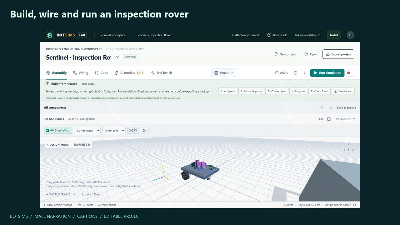 Build, wire and run an inspection rover, recorded in the BotSims workbench