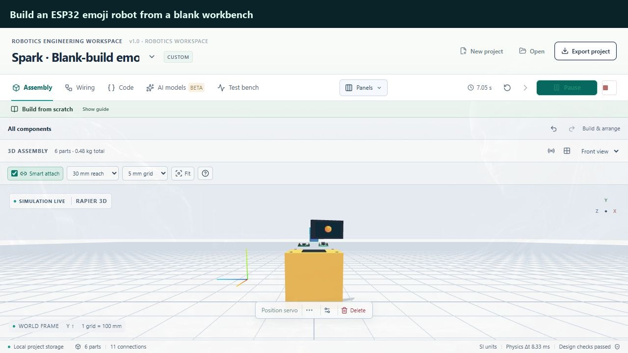 Build an ESP32 emoji robot from a blank workbench, recorded in the BotSims workbench