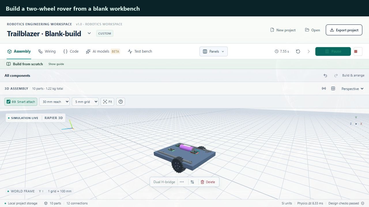 Build a two-wheel rover from a blank workbench, recorded in the BotSims workbench